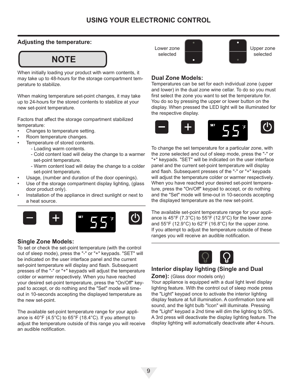 Using your electronic control | Vintage Cellars MP24WD User Manual | Page 9 / 24