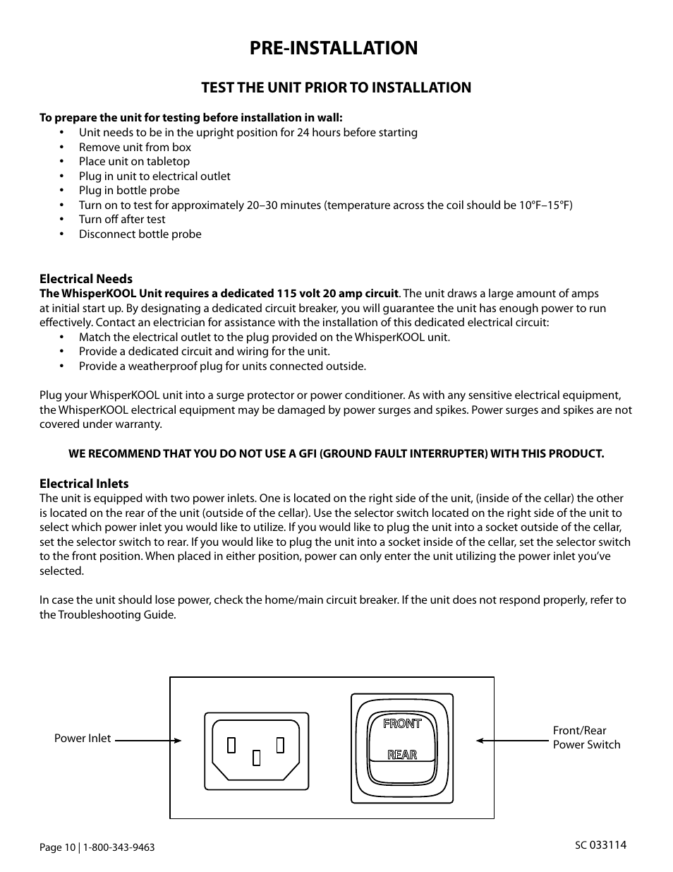 Pre-installation, Test the unit prior to installation | Vintage Cellars SC Series WhisperKOOL User Manual | Page 12 / 32