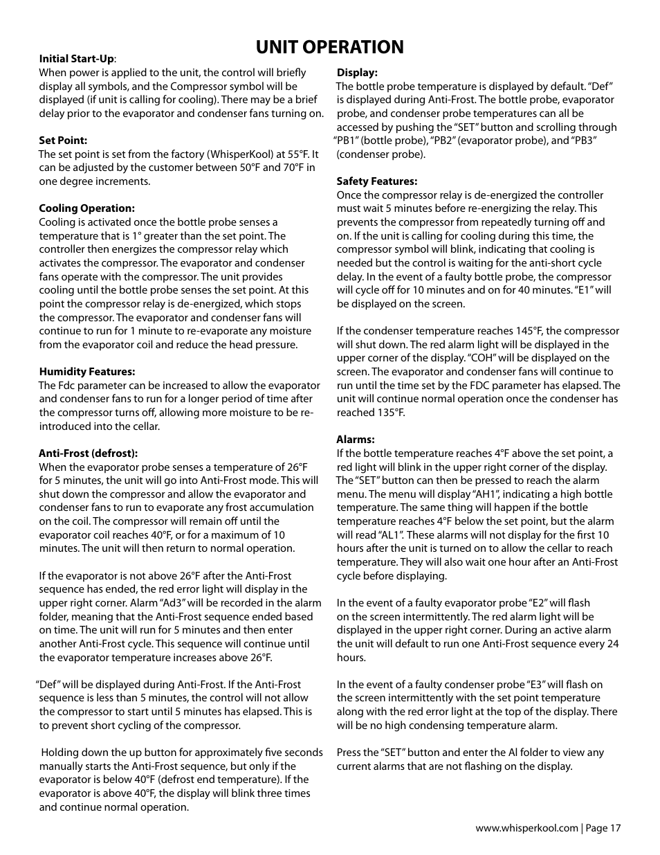 Unit operation | Vintage Cellars SC Series WhisperKOOL User Manual | Page 19 / 32