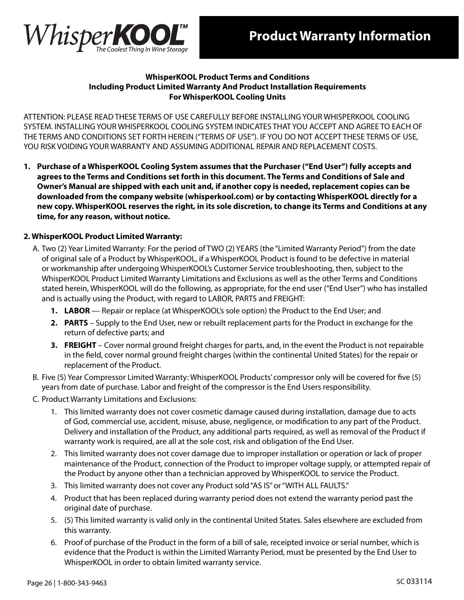 Product warranty information | Vintage Cellars SC Series WhisperKOOL User Manual | Page 28 / 32