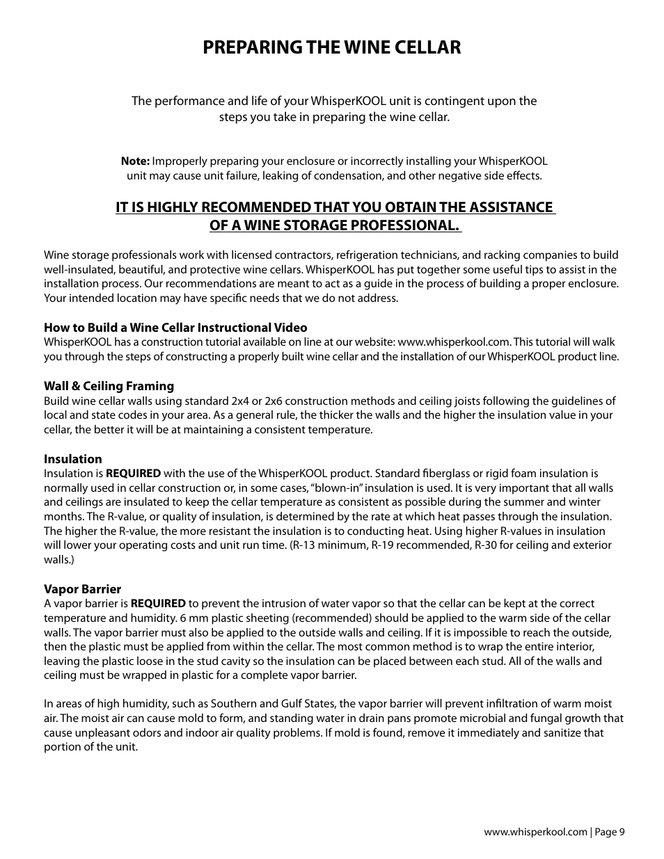 Preparing the wine cellar | Vintage Cellars Extreme ti Series User Manual | Page 11 / 50