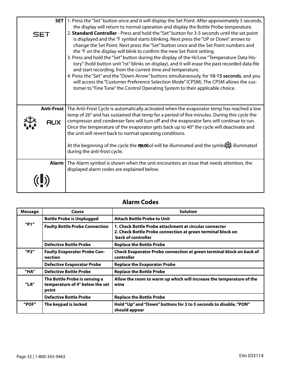 Alarm codes | Vintage Cellars Extreme ti Series User Manual | Page 34 / 50