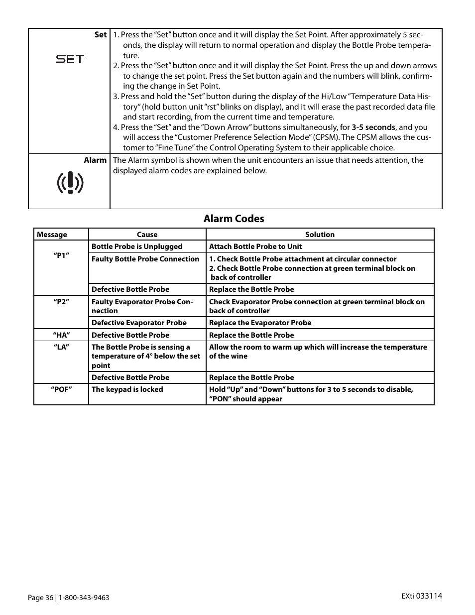 Alarm codes | Vintage Cellars Extreme ti Series User Manual | Page 38 / 50