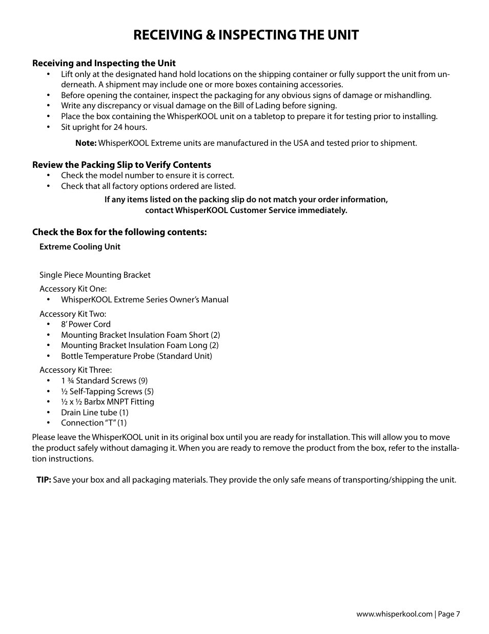 Receiving & inspecting the unit | Vintage Cellars Extreme ti Series User Manual | Page 9 / 50