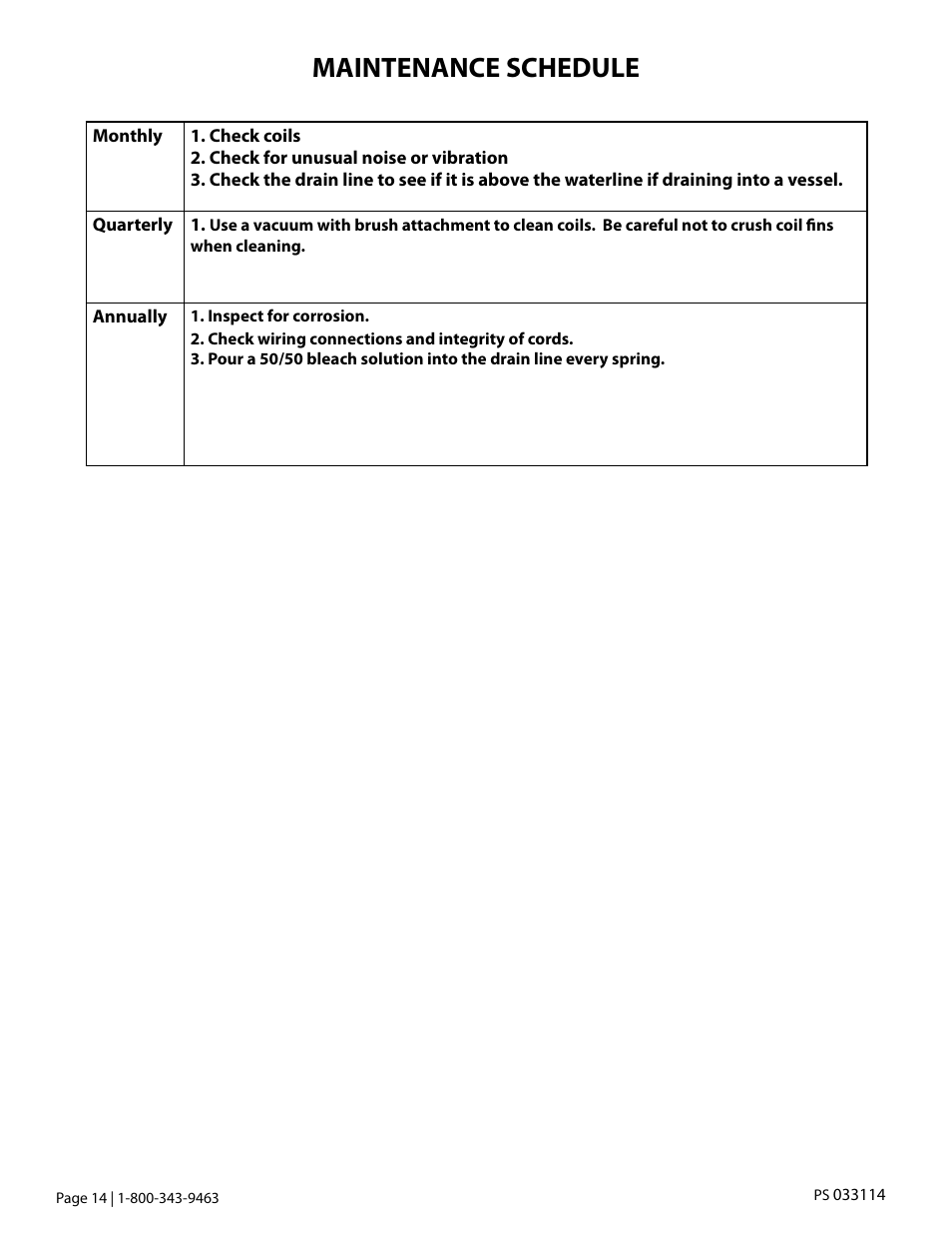 Maintenance schedule | Vintage Cellars Platinum Split Owners Manual User Manual | Page 16 / 26
