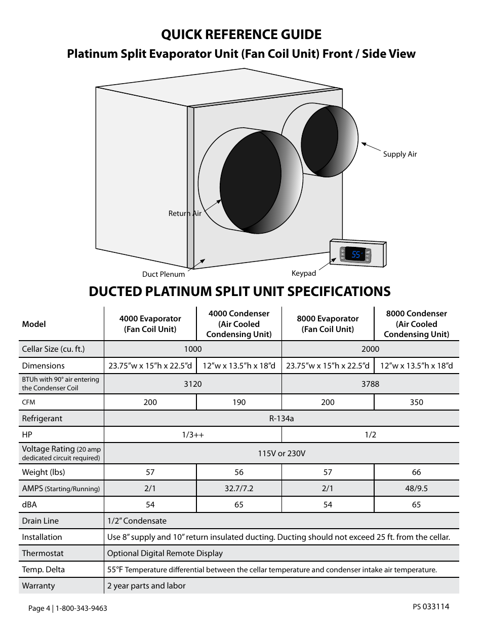 Ducted platinum split unit specifications, Quick reference guide | Vintage Cellars Platinum Split Owners Manual User Manual | Page 6 / 26