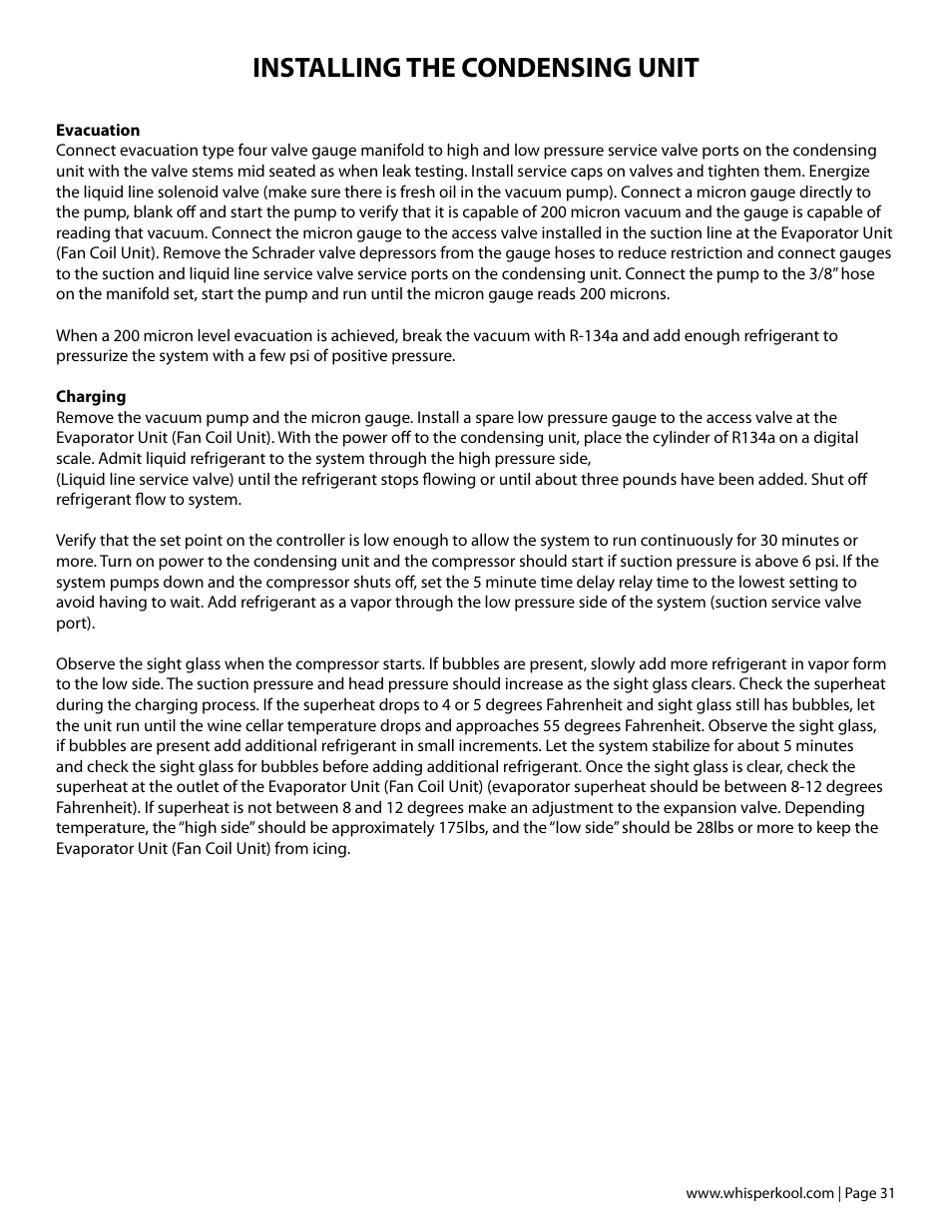 Installing the condensing unit | Vintage Cellars Platinum Split Tech Manual User Manual | Page 33 / 46