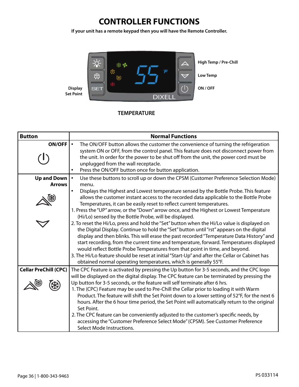 Controller functions | Vintage Cellars Platinum Split Tech Manual User Manual | Page 38 / 46