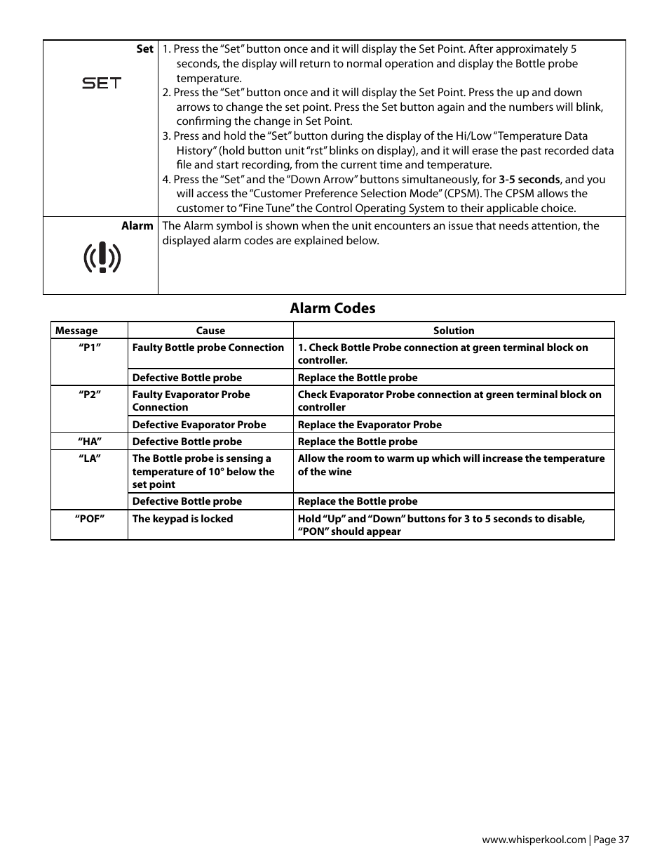 Alarm codes | Vintage Cellars Platinum Split Tech Manual User Manual | Page 39 / 46