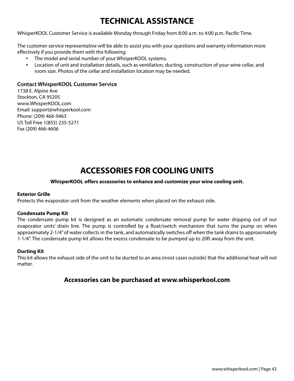 Technical assistance, Accessories for cooling units | Vintage Cellars Platinum Split Tech Manual User Manual | Page 45 / 46