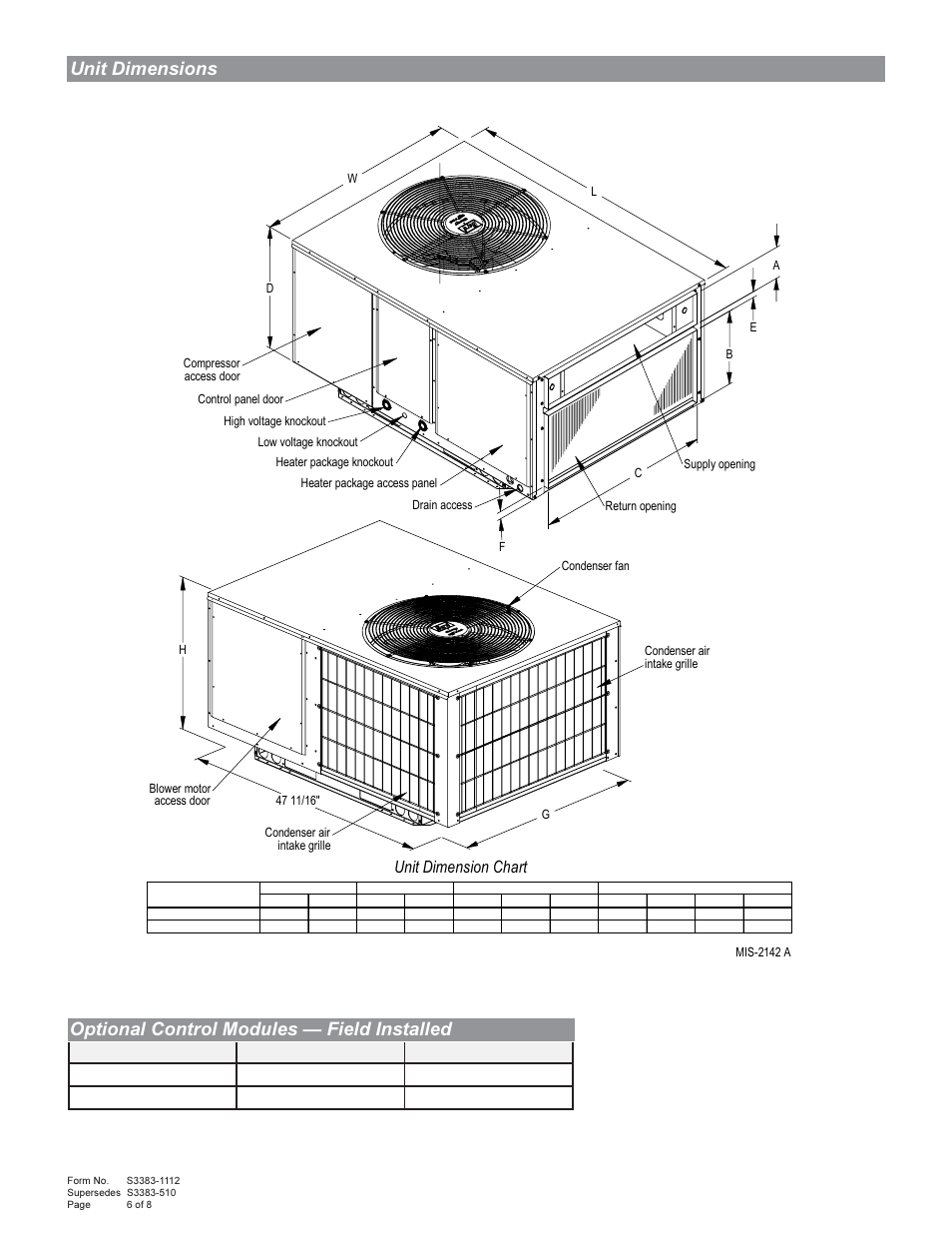 Unit dimensions, Optional control modules — field installed, Unit dimension chart | Bard Green Refrigerant R-410A User Manual | Page 6 / 8