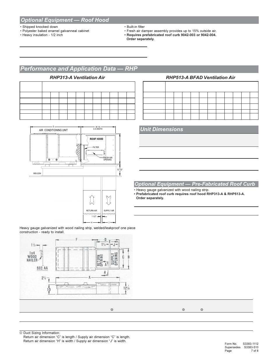 Performance and application data — rhp, Optional equipment — roof hood, Unit dimensions | Optional equipment — pre-fabricated roof curb | Bard Green Refrigerant R-410A User Manual | Page 7 / 8