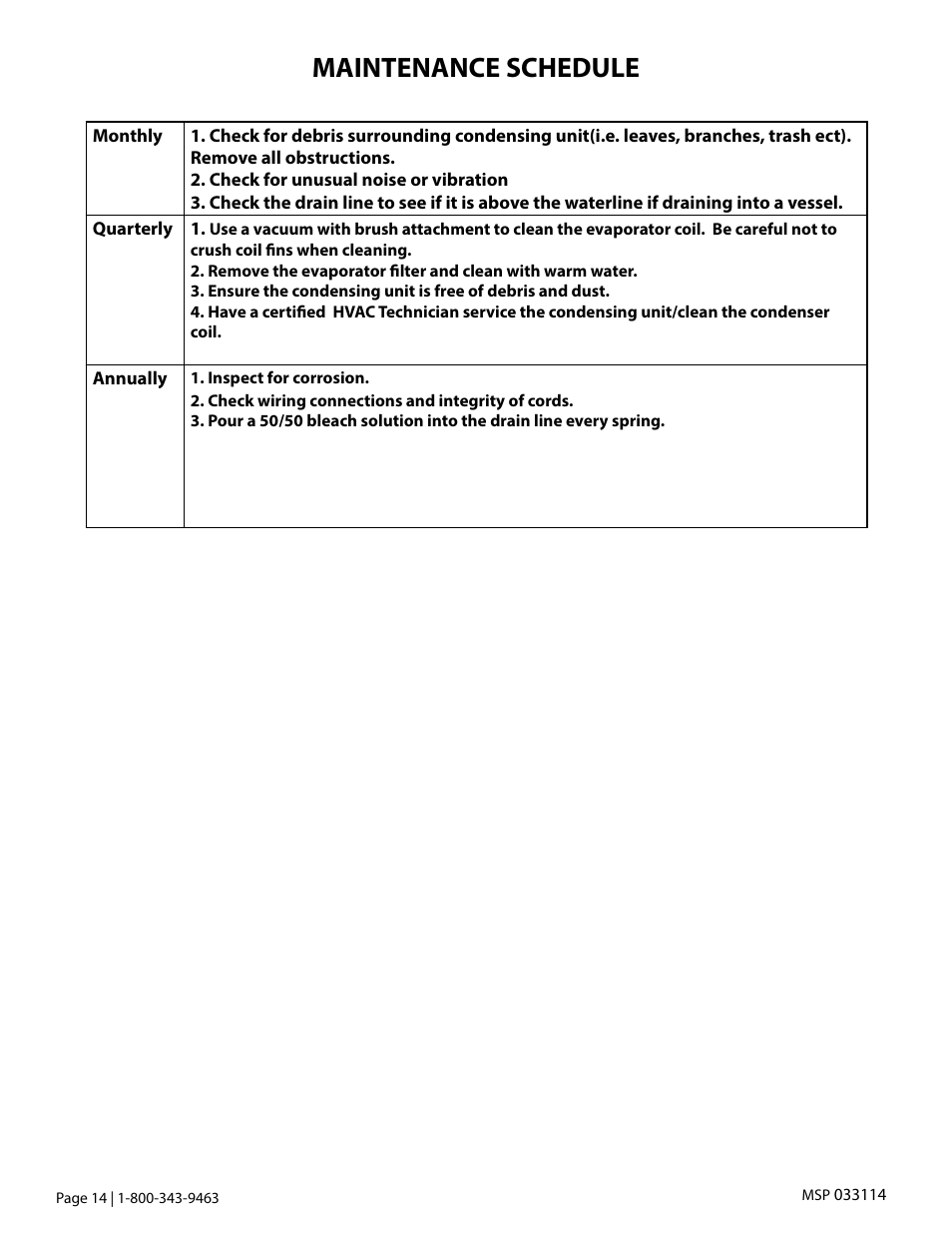 Maintenance schedule | Vintage Cellars Platinum Mini Split Owners Manual User Manual | Page 16 / 26