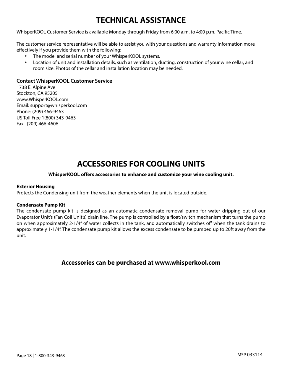 Technical assistance, Accessories for cooling units | Vintage Cellars Platinum Mini Split Owners Manual User Manual | Page 20 / 26