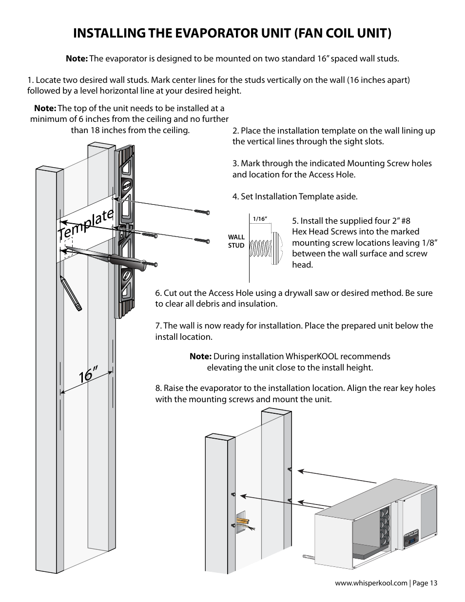Installing the evaporator unit (fan coil unit) | Vintage Cellars Platinum MIni Split Tech Manual User Manual | Page 15 / 40