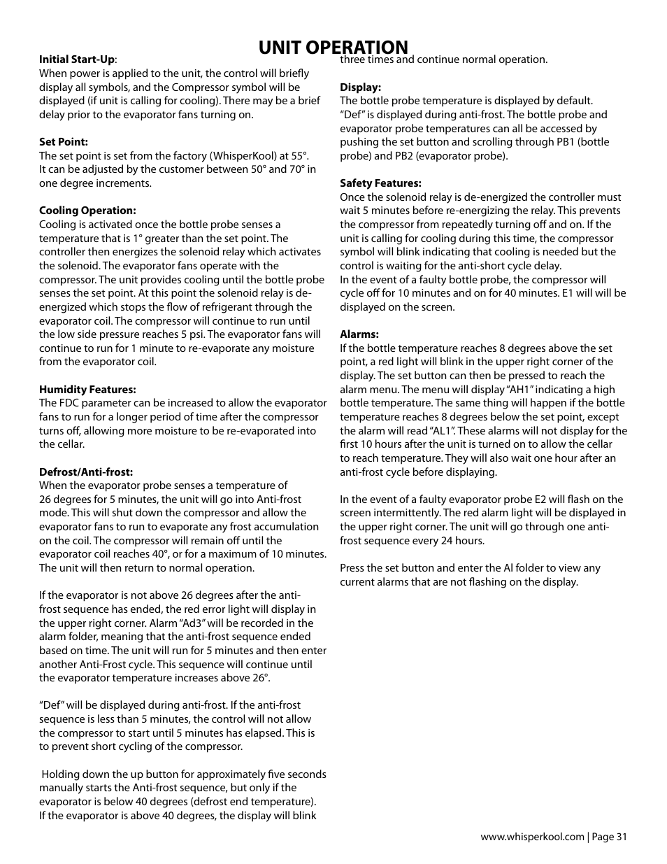 Unit operation | Vintage Cellars Platinum MIni Split Tech Manual User Manual | Page 33 / 40