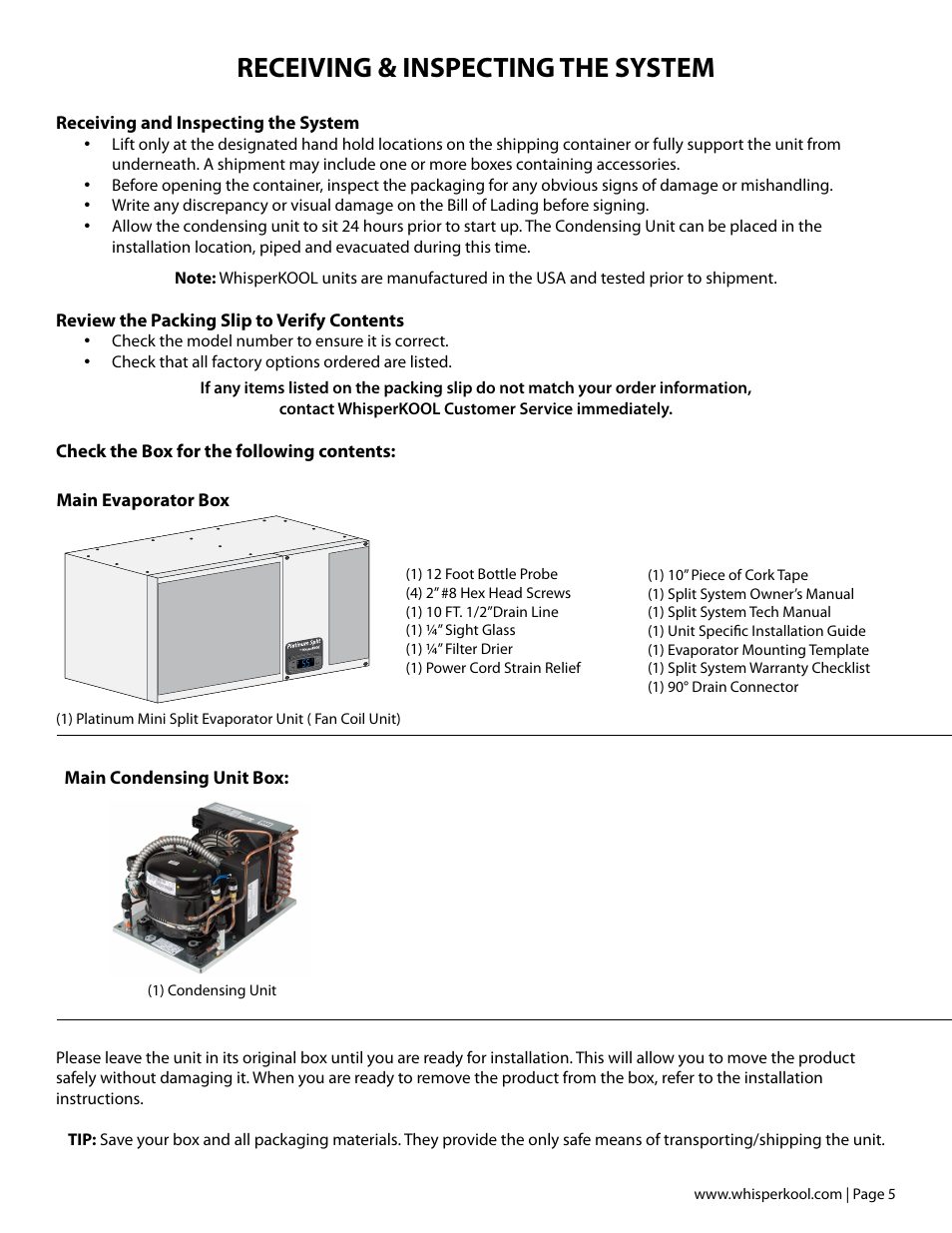 Receiving & inspecting the system | Vintage Cellars Platinum MIni Split Tech Manual User Manual | Page 7 / 40