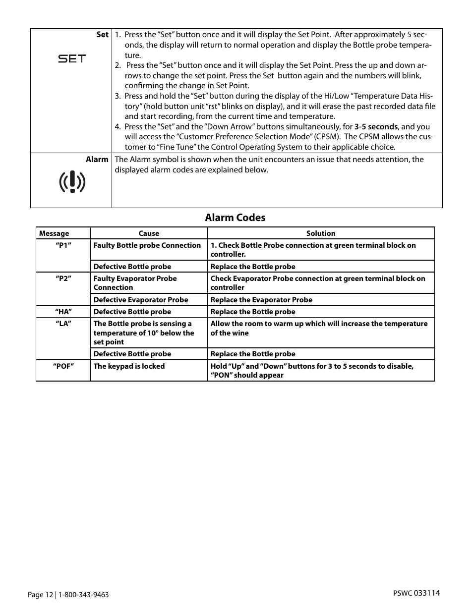 Alarm codes | Vintage Cellars Platinum Split WC User Manual | Page 14 / 26