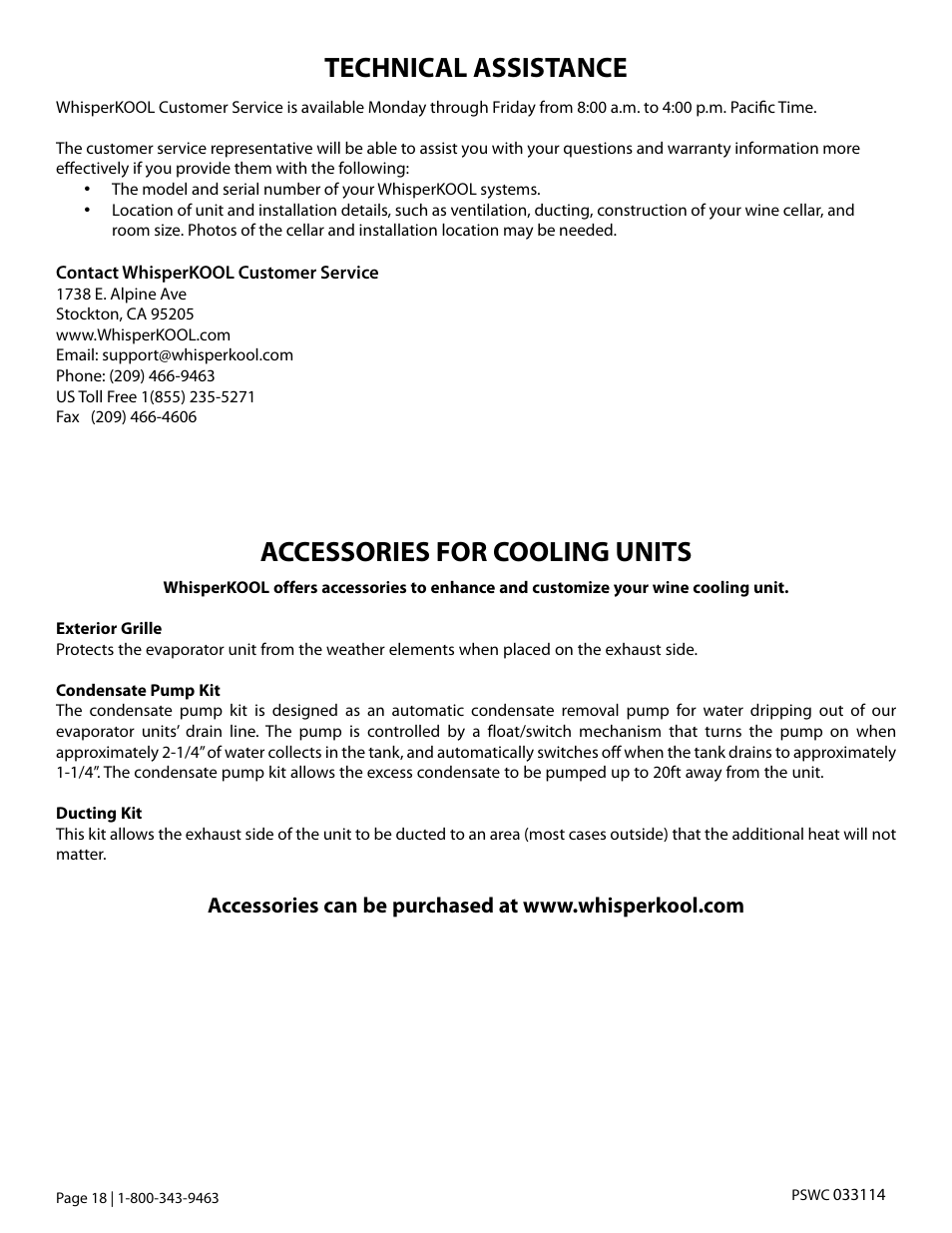 Technical assistance, Accessories for cooling units | Vintage Cellars Platinum Split WC User Manual | Page 20 / 26