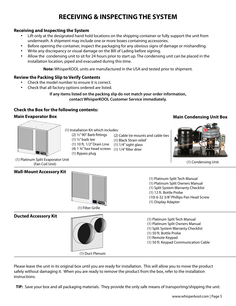 Receiving & inspecting the system | Vintage Cellars Platinum Split WC User Manual | Page 7 / 26