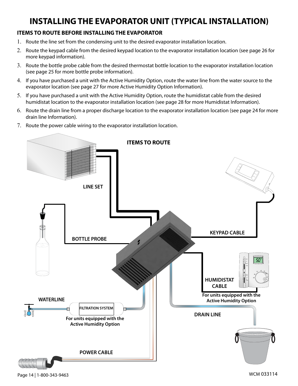 Items to route before installing the evaporator 1, Items to route, Waterline power cable drain line humidistat cable | Keypad cable bottle probe line set | Vintage Cellars Ceiling Mount User Manual | Page 16 / 58
