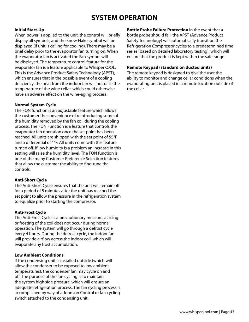 System operation | Vintage Cellars Ceiling Mount User Manual | Page 45 / 58