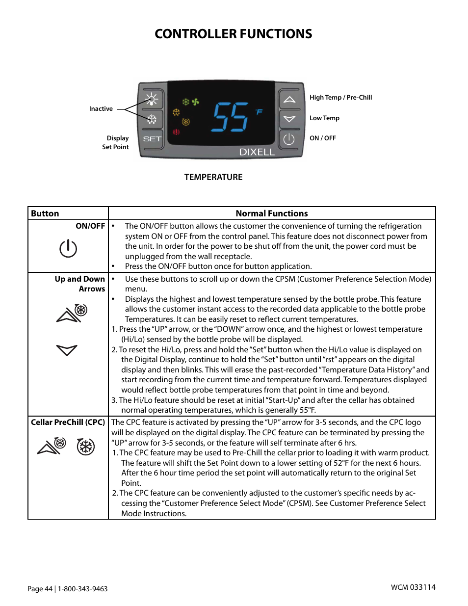 Controller functions | Vintage Cellars Ceiling Mount User Manual | Page 46 / 58