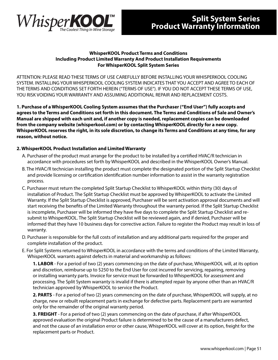 Split system series product warranty information | Vintage Cellars Ceiling Mount User Manual | Page 53 / 58