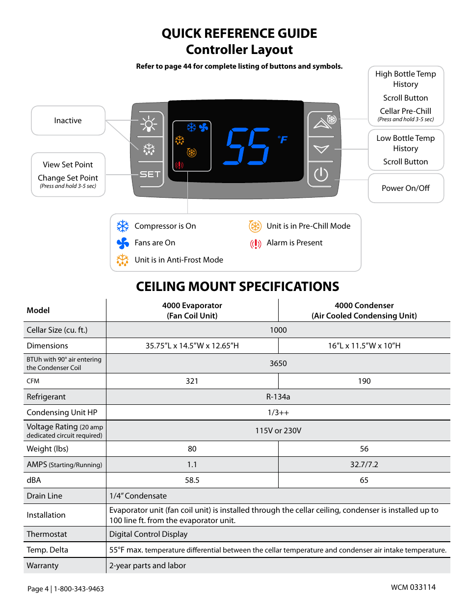 Quick reference guide controller layout, Ceiling mount specifications | Vintage Cellars Ceiling Mount User Manual | Page 6 / 58
