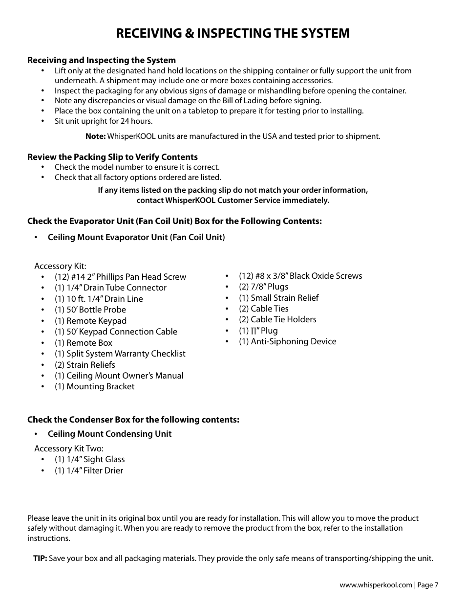 Receiving & inspecting the system | Vintage Cellars Ceiling Mount User Manual | Page 9 / 58