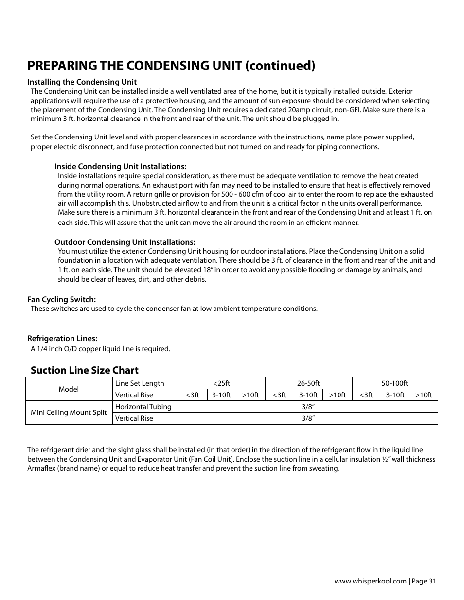 Preparing the condensing unit (continued), Suction line size chart | Vintage Cellars Mini Ceiling Mount User Manual | Page 33 / 50