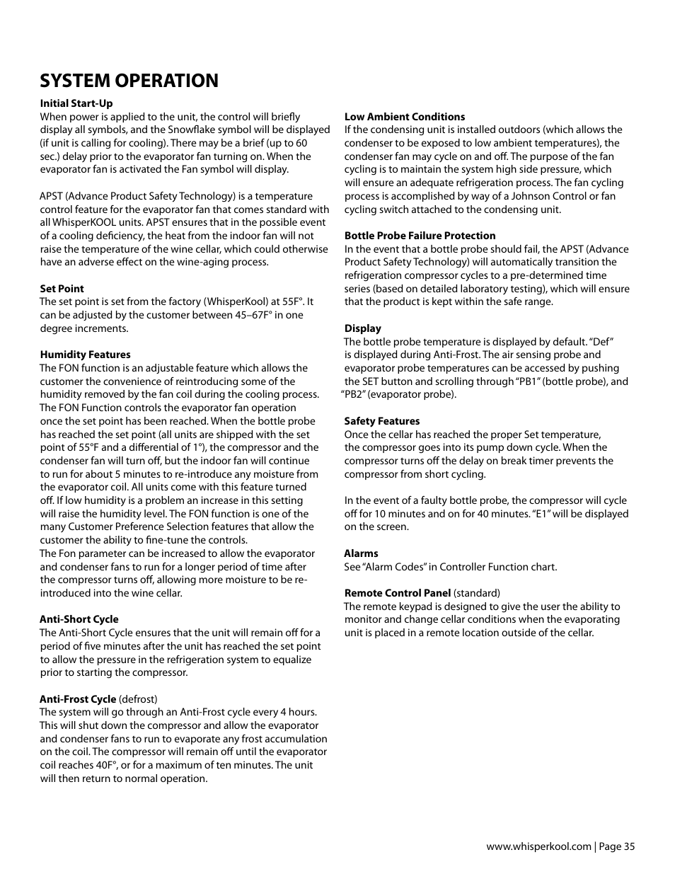 System operation | Vintage Cellars Mini Ceiling Mount User Manual | Page 37 / 50