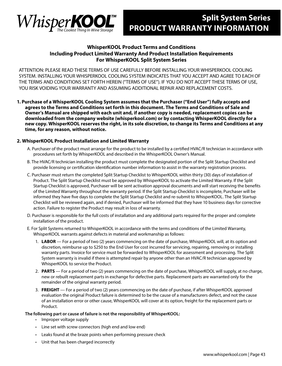 Split system series product warranty information | Vintage Cellars Mini Ceiling Mount User Manual | Page 45 / 50