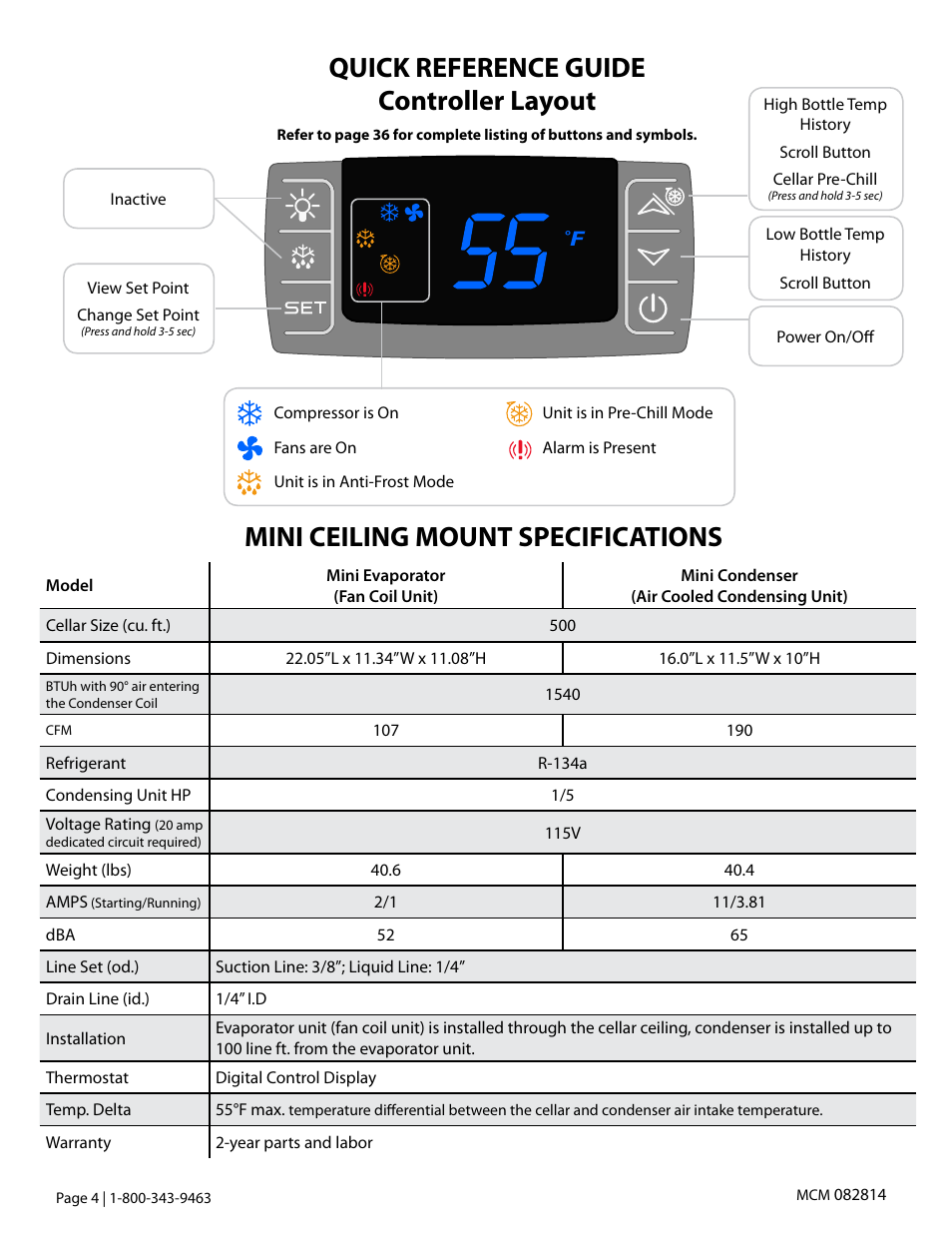 Quick reference guide controller layout, Mini ceiling mount specifications | Vintage Cellars Mini Ceiling Mount User Manual | Page 6 / 50