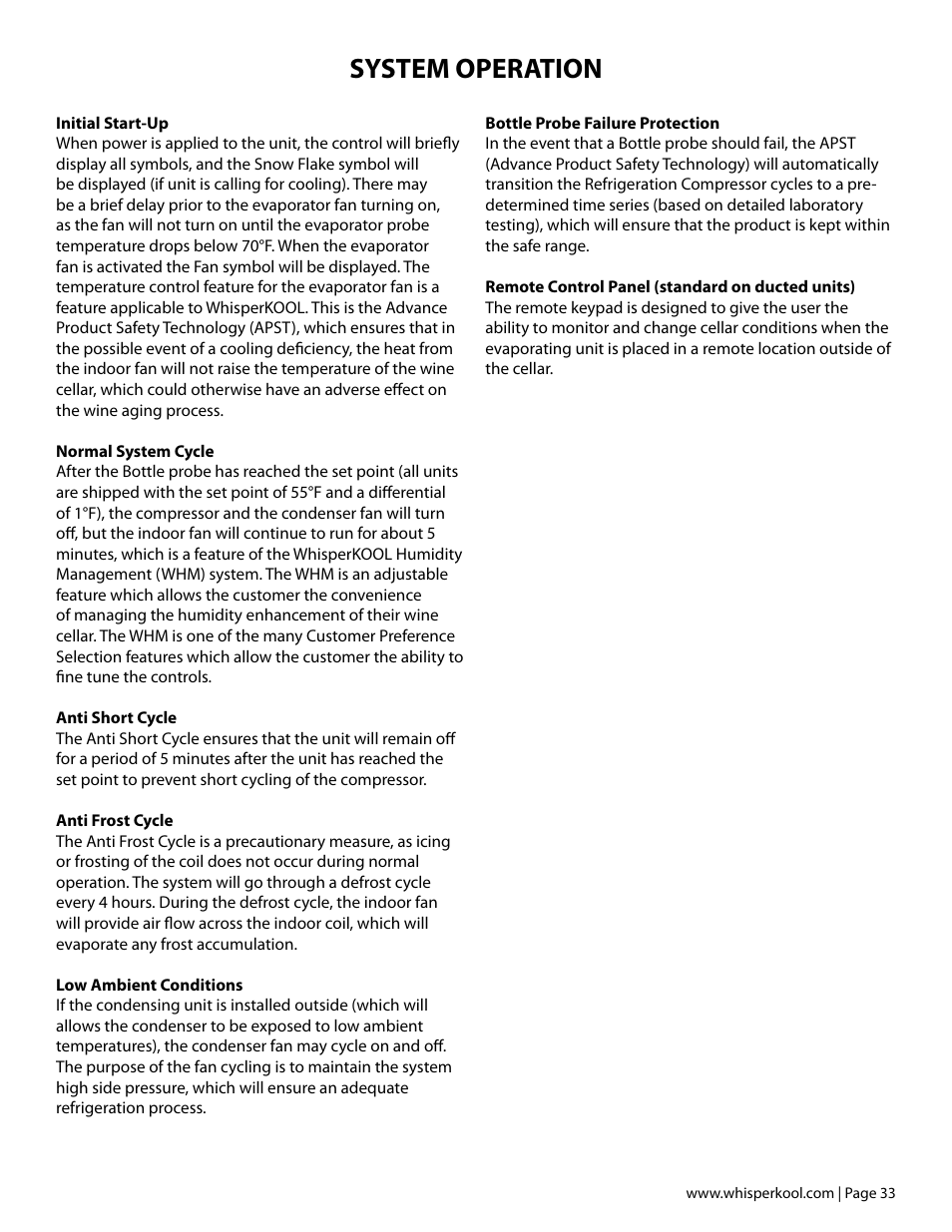 System operation | Vintage Cellars Platinum Split Fully Ducted 4000WC User Manual | Page 35 / 44