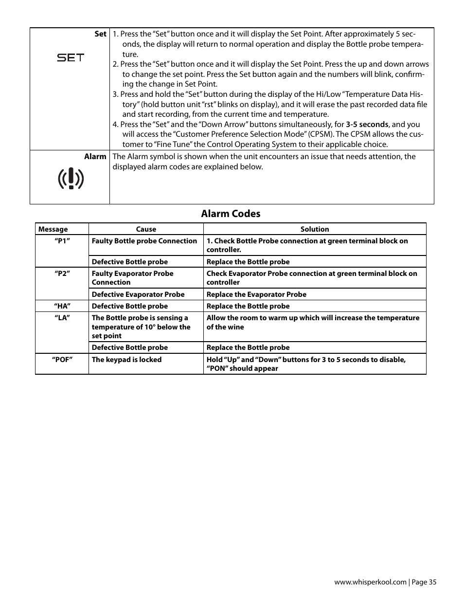 Alarm codes | Vintage Cellars Platinum Split Fully Ducted 4000WC User Manual | Page 37 / 44