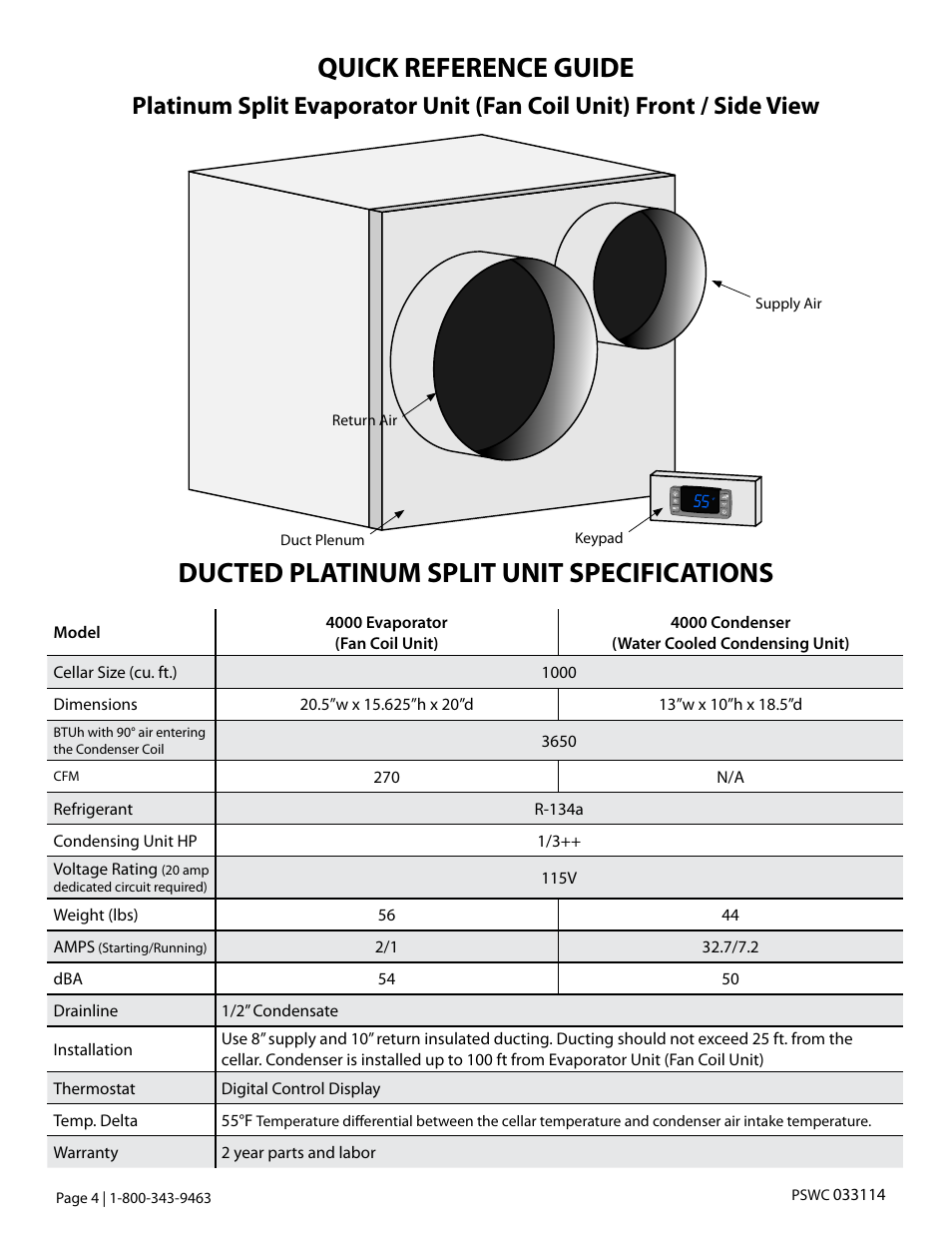 Quick reference guide, Ducted platinum split unit specifications | Vintage Cellars Platinum Split Fully Ducted 4000WC User Manual | Page 6 / 44