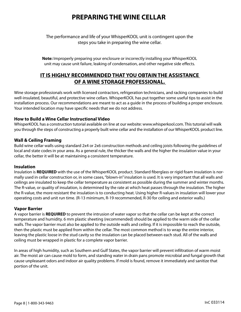 Preparing the wine cellar | Vintage Cellars WhisperKOOL InCellar User Manual | Page 10 / 38