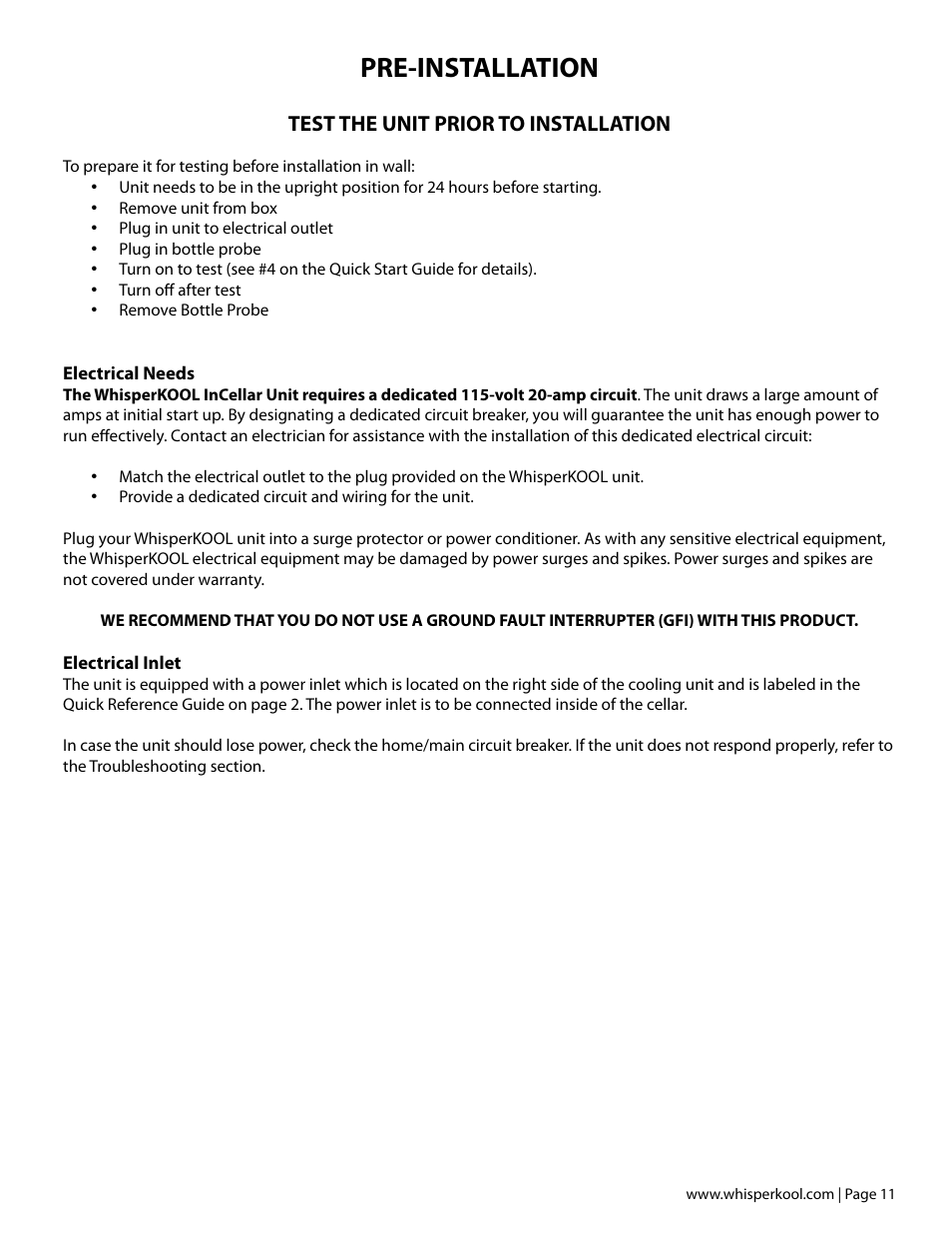Pre-installation | Vintage Cellars WhisperKOOL InCellar User Manual | Page 13 / 38