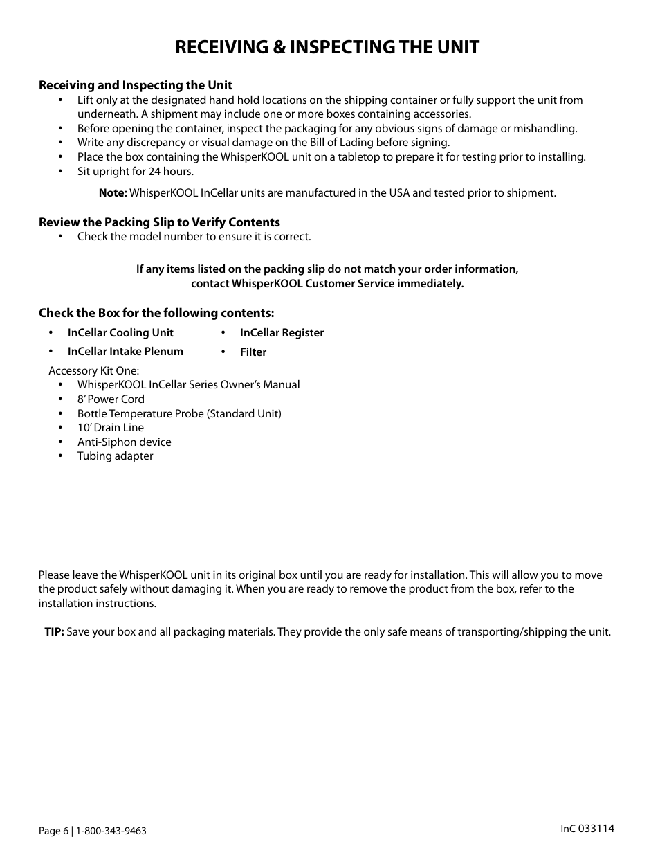 Receiving & inspecting the unit | Vintage Cellars WhisperKOOL InCellar User Manual | Page 8 / 38