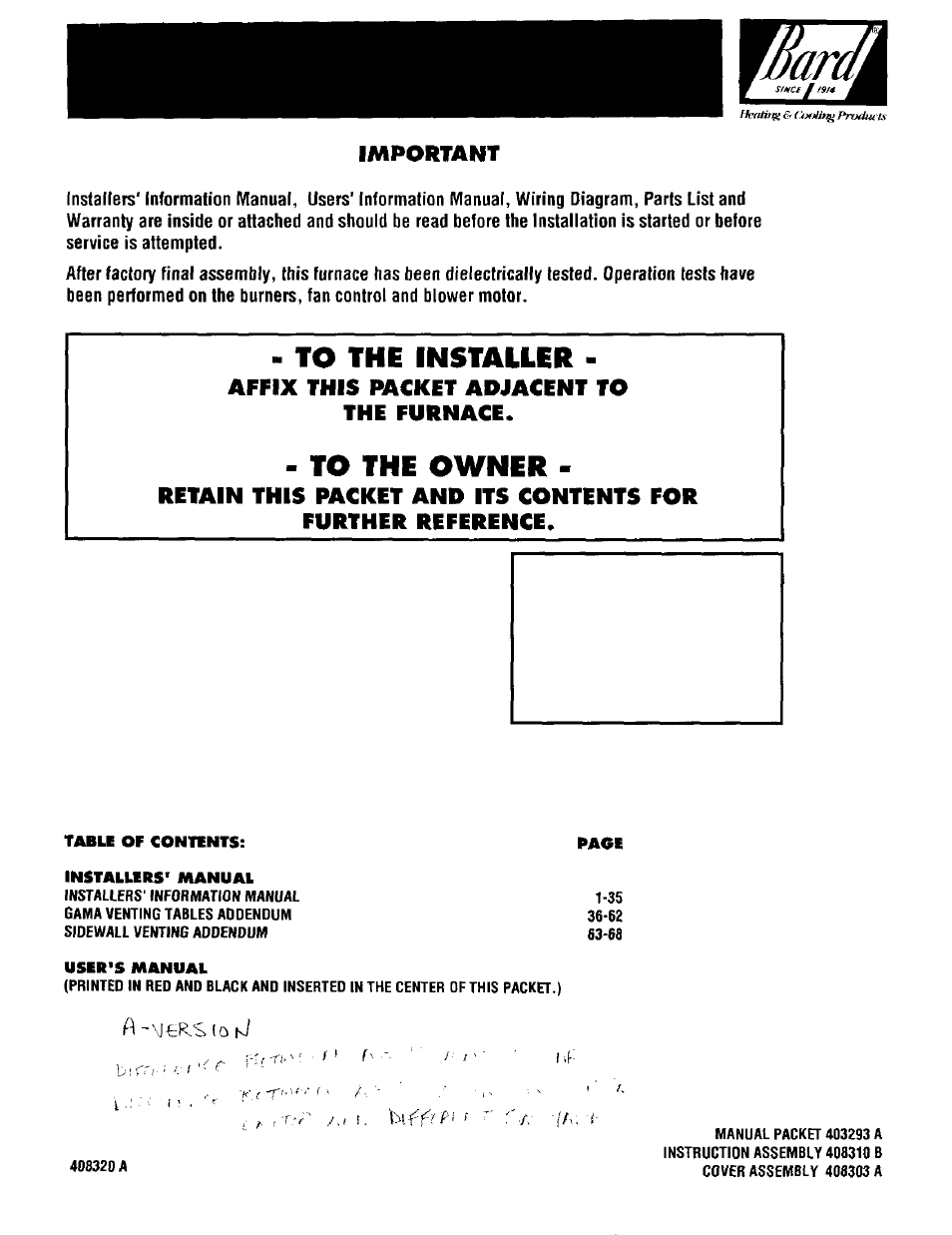 Bard Bayrd Furnace 403293A User Manual | 70 pages