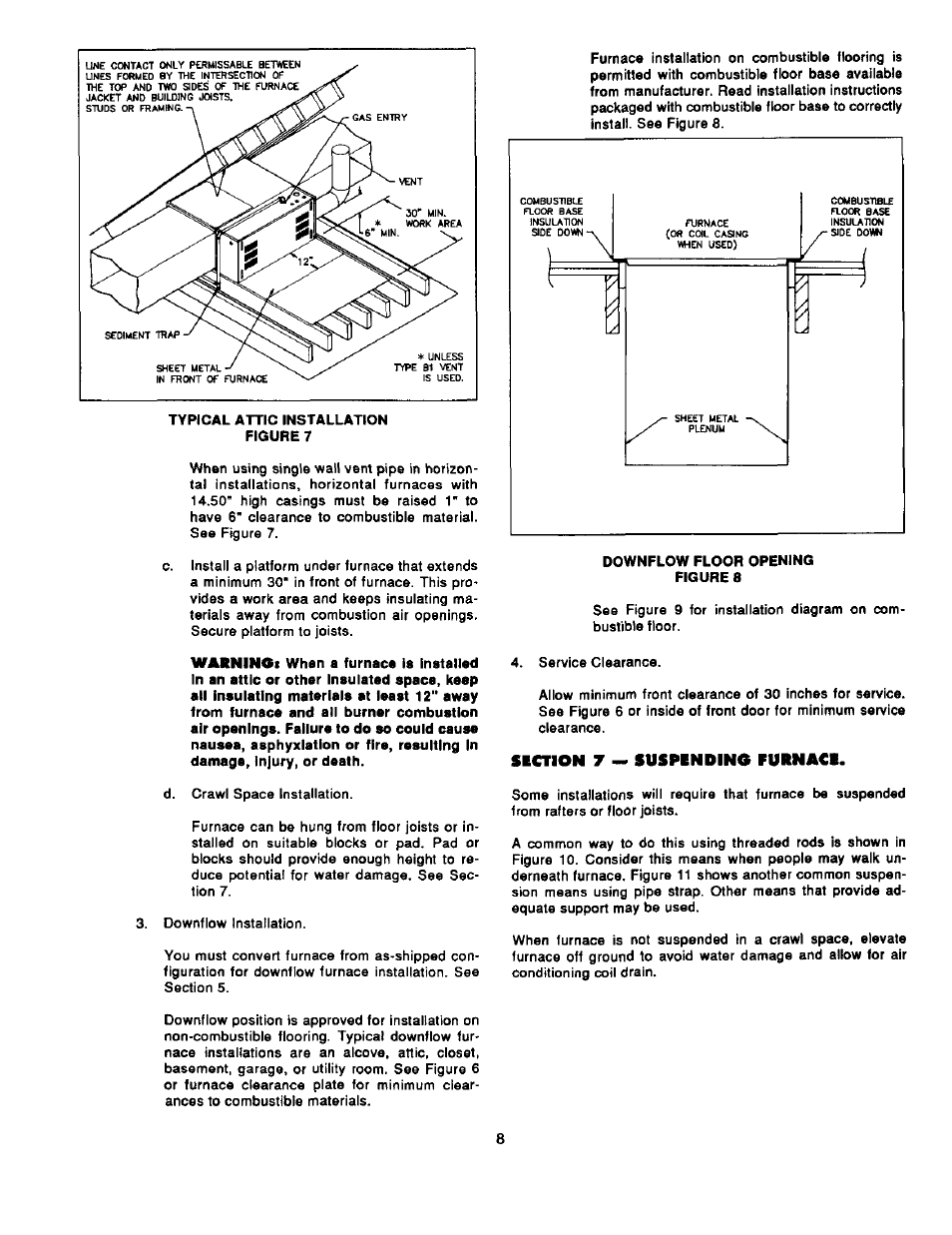 Typical attic installation figure 7, Downflow floor opening figure 8, Section 7 — suspending furnace | Bard Bayrd Furnace 403293A User Manual | Page 10 / 70