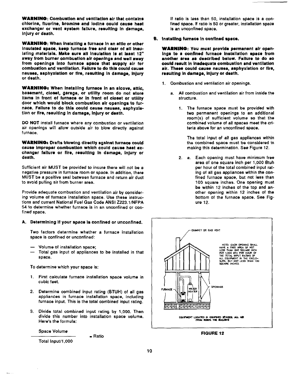 B. installing furnace in confined space | Bard Bayrd Furnace 403293A User Manual | Page 12 / 70