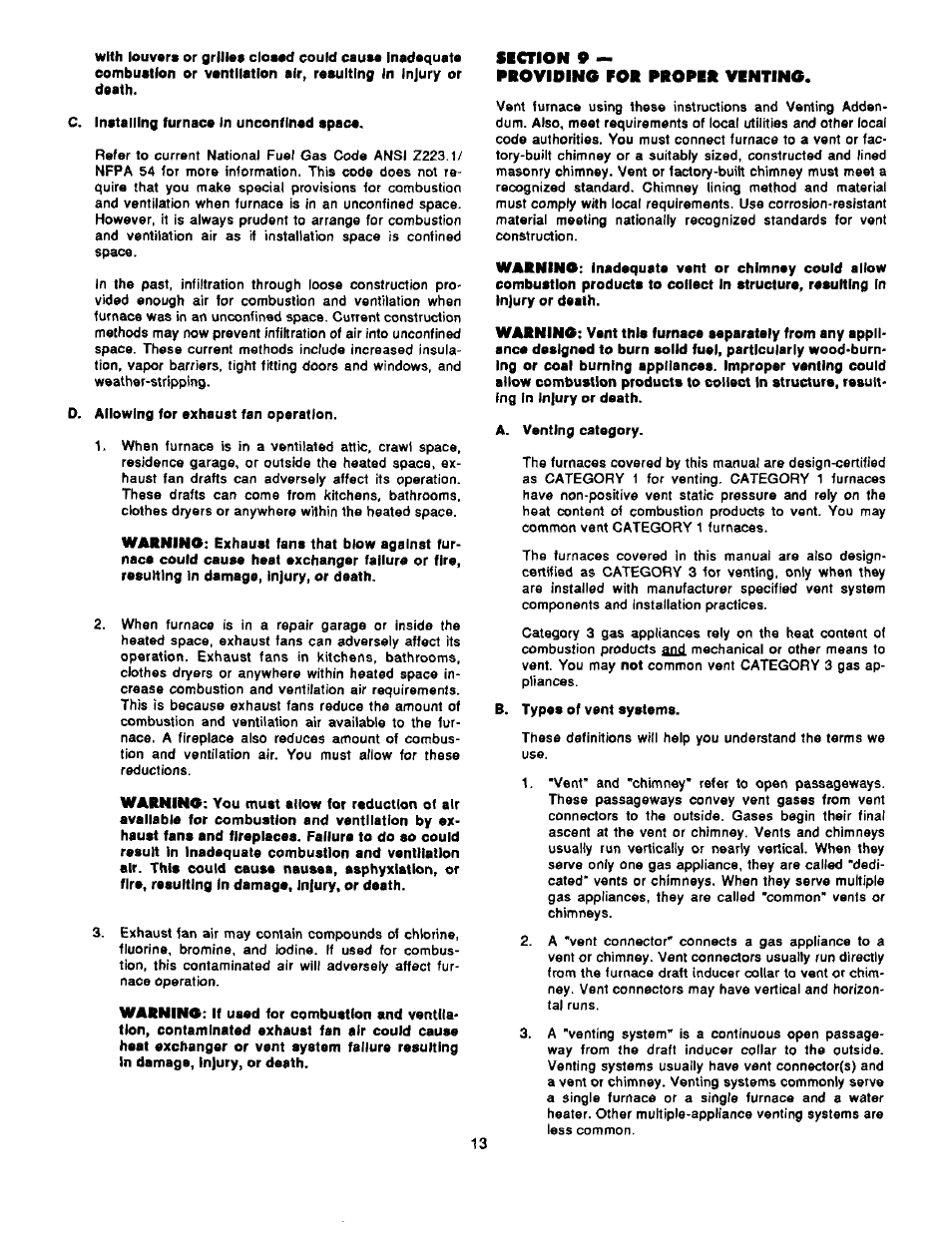C. installing furnace in unconfined space, D. allowing for exhauet fan operation, Siction 9 — providing p | A. venting category | Bard Bayrd Furnace 403293A User Manual | Page 15 / 70