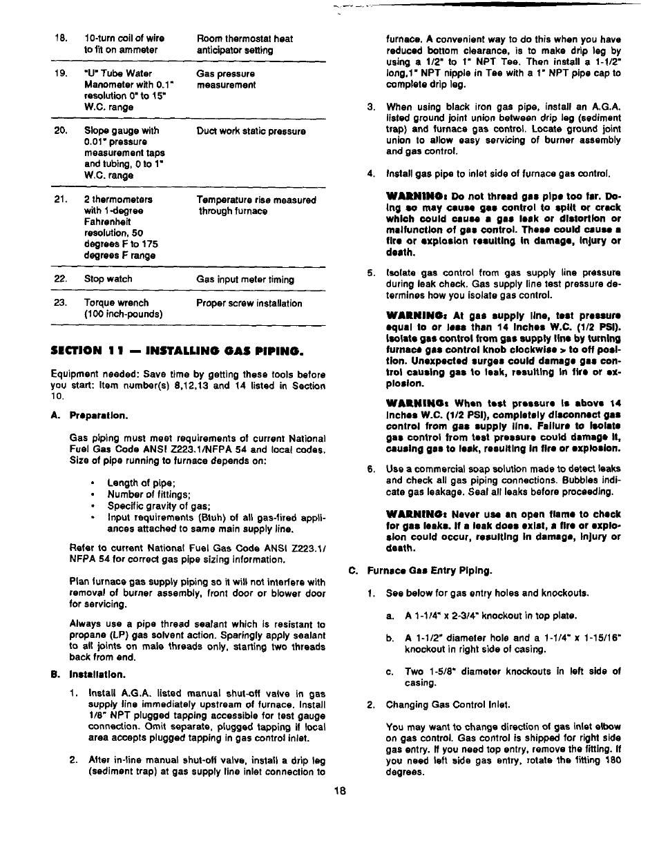 Siction 11 — installing gas piping, B. installation, Furnace gas entry piping | Bard Bayrd Furnace 403293A User Manual | Page 20 / 70