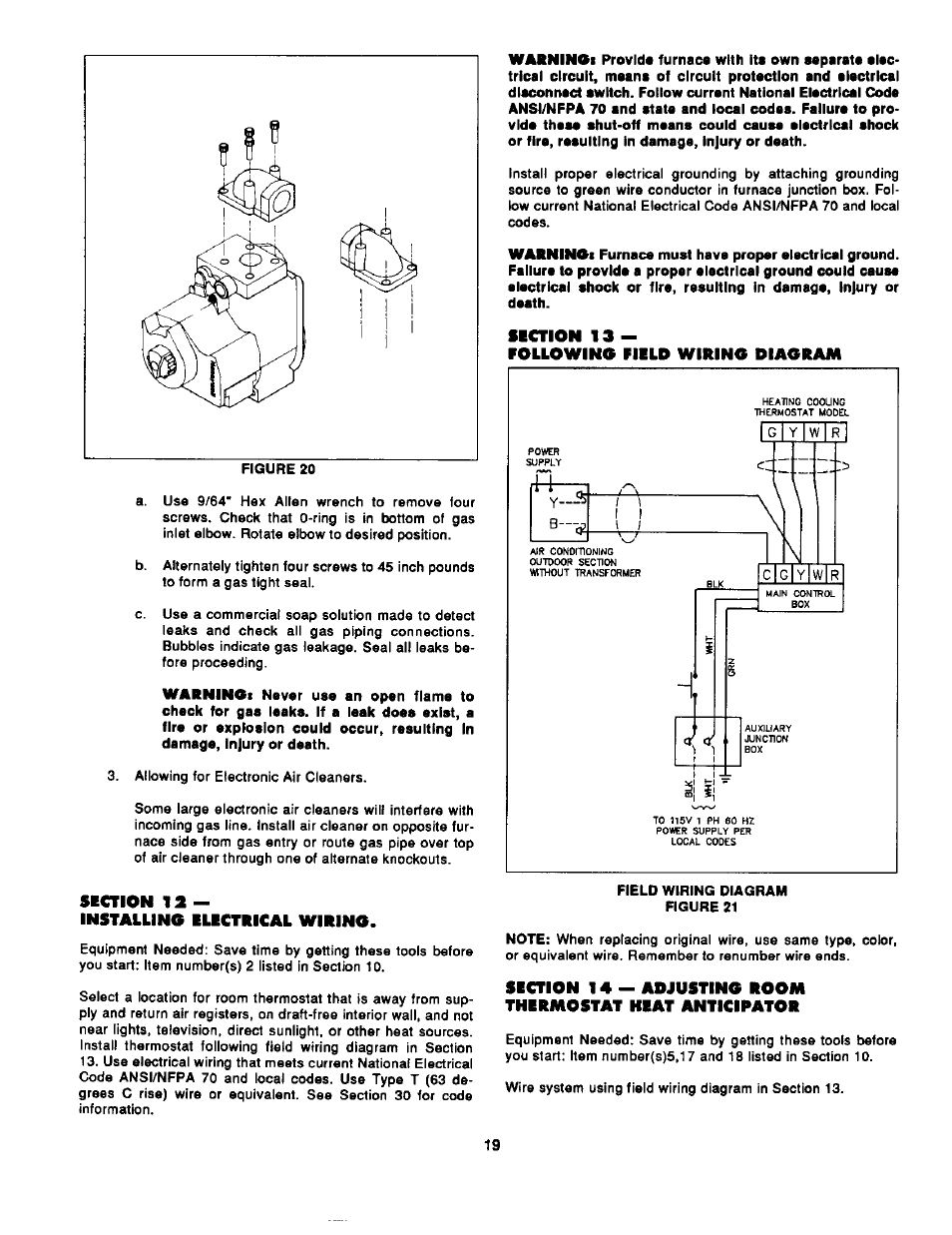 Siction 12, Installing ilictrical wiring, Fiction 13 | Following field wiring diagram, Field wiring diagram figure 21, Installing electrical wiring, Following field wiring diagrams, Adjusting room thermostat heat anticipator | Bard Bayrd Furnace 403293A User Manual | Page 21 / 70