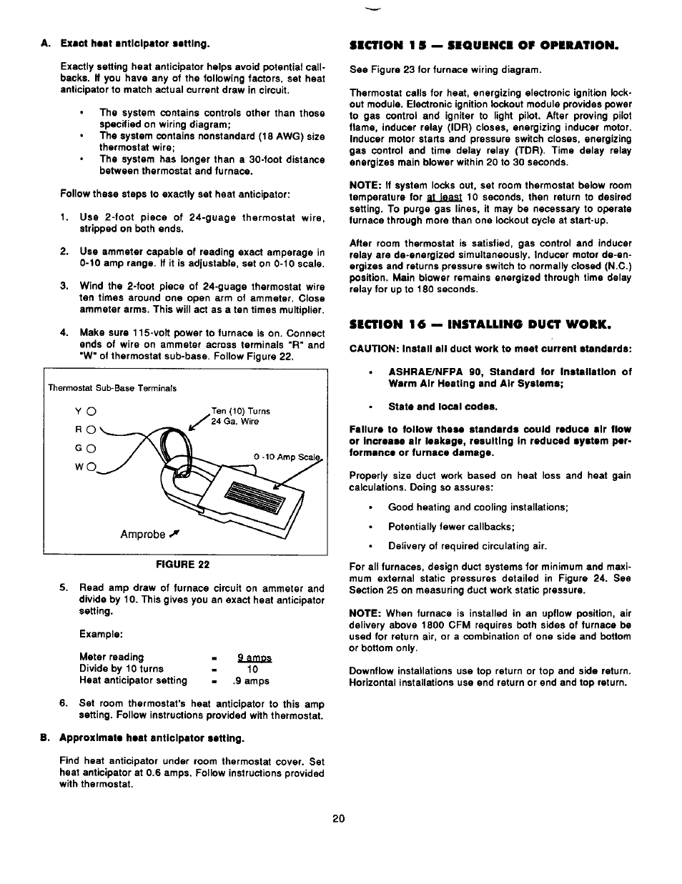 A. exact haat anticipator setting, Section 1 5 — sequence of operation, B. approximate heat anticipator setting | Section 16 — installing duct work, State and local codes | Bard Bayrd Furnace 403293A User Manual | Page 22 / 70