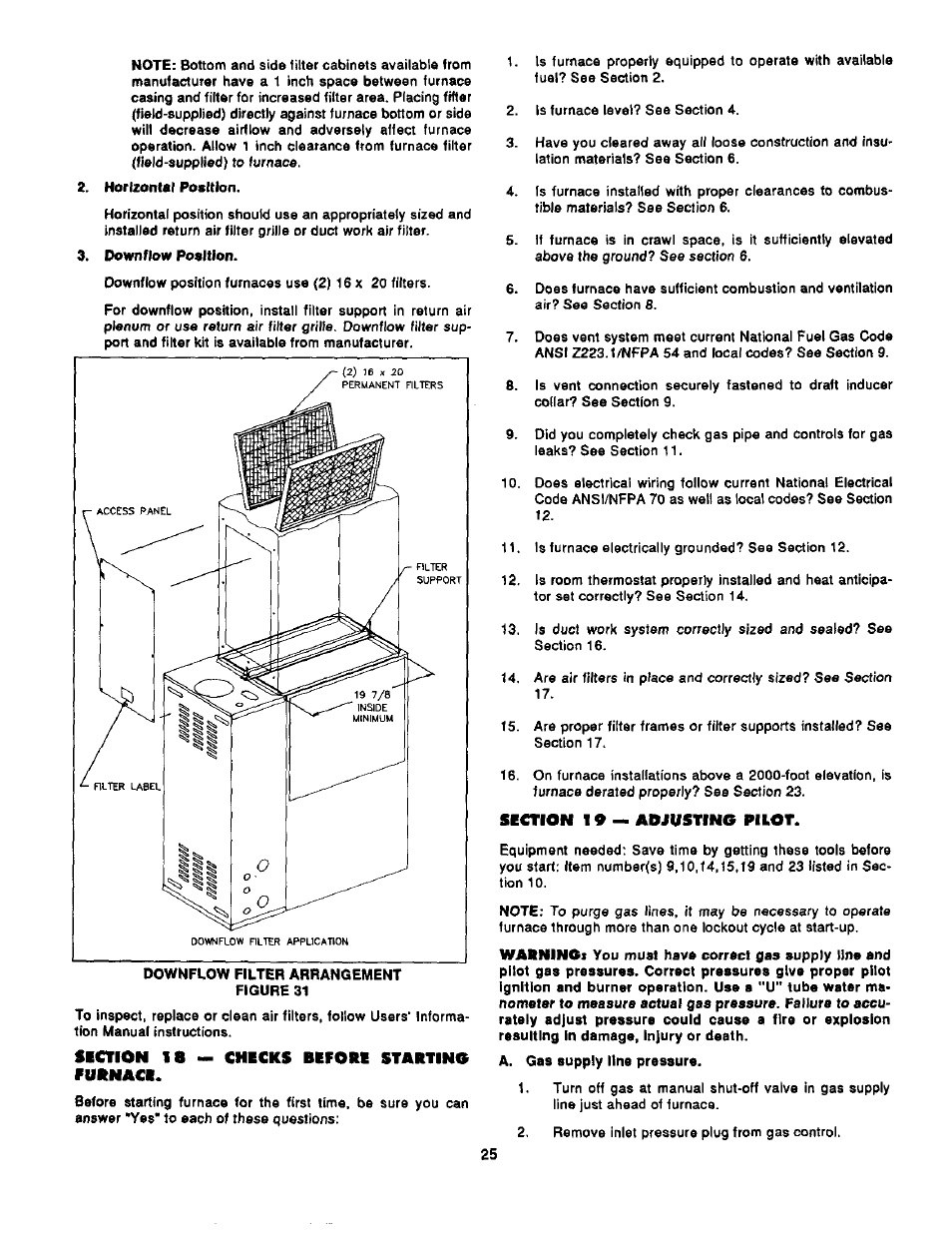 Section 18 checks before starting furnace, Section 18 ^ adjusting pilot, Checking before starting furnace | Bard Bayrd Furnace 403293A User Manual | Page 27 / 70