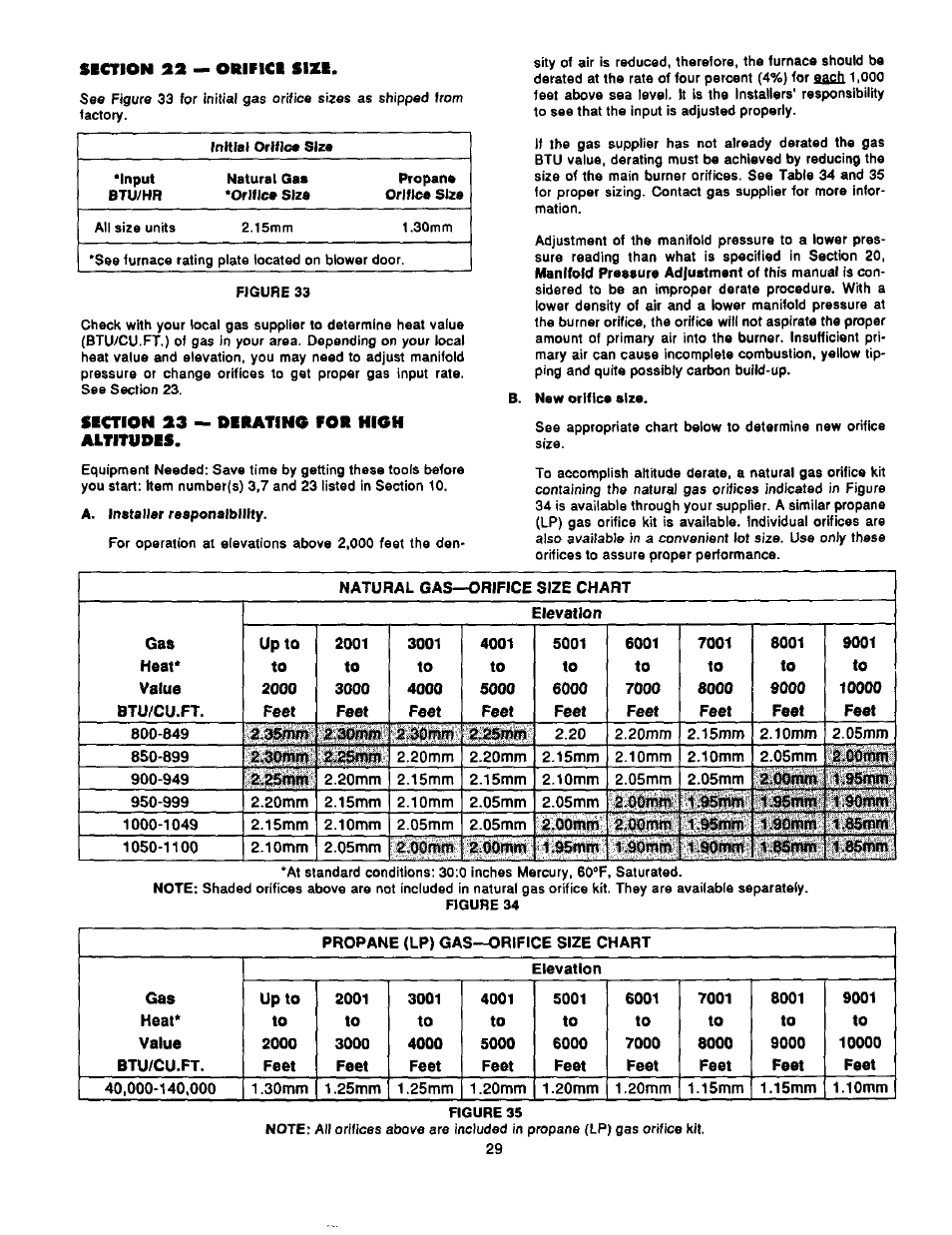 Siction aa — orifici sizi, Siction as — deratino for high aitirudes | Bard Bayrd Furnace 403293A User Manual | Page 31 / 70