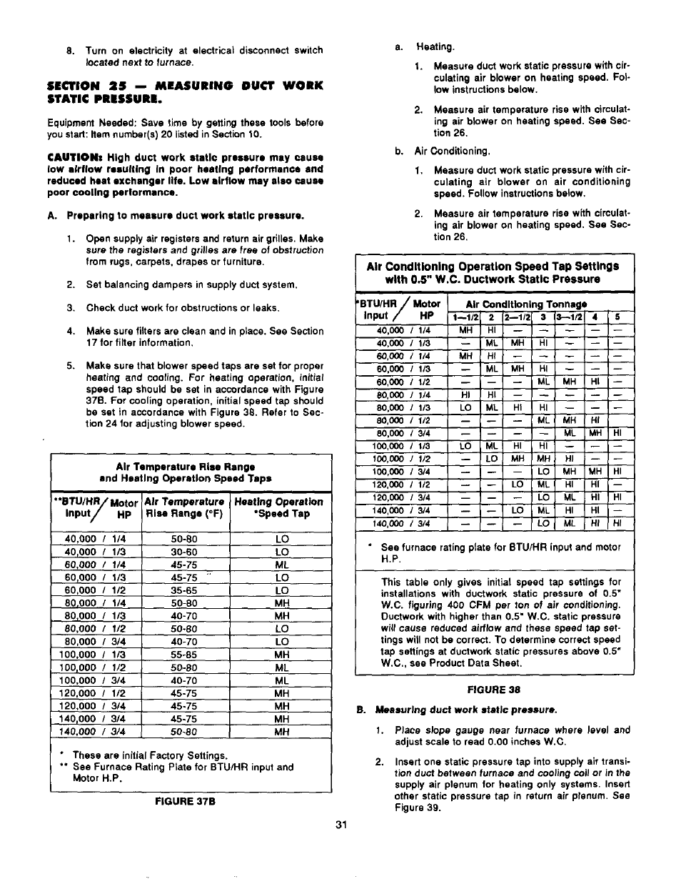 Section 25 — measuring duct work static pressure, Measuring duct work static pressure | Bard Bayrd Furnace 403293A User Manual | Page 33 / 70